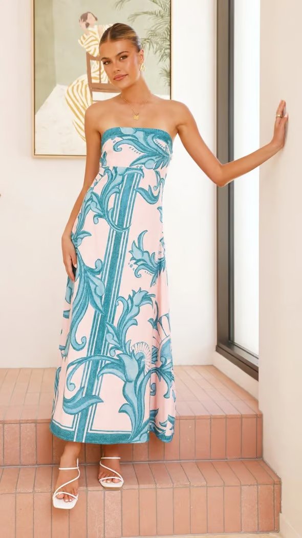 Hannah | Robe Maxi Vintage Imprimé Sans Bretelles