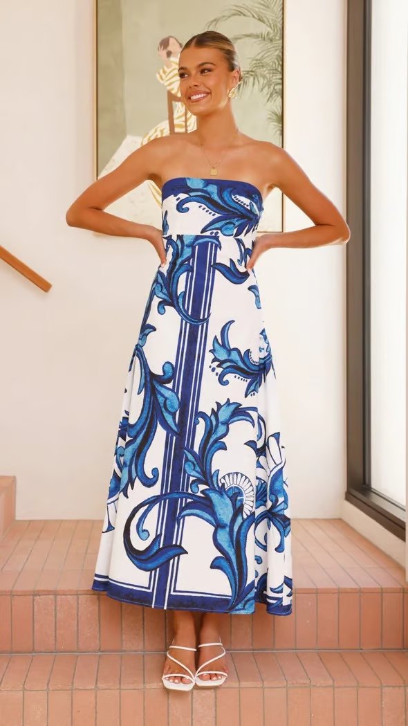 Hannah | Robe Maxi Vintage Imprimé Sans Bretelles