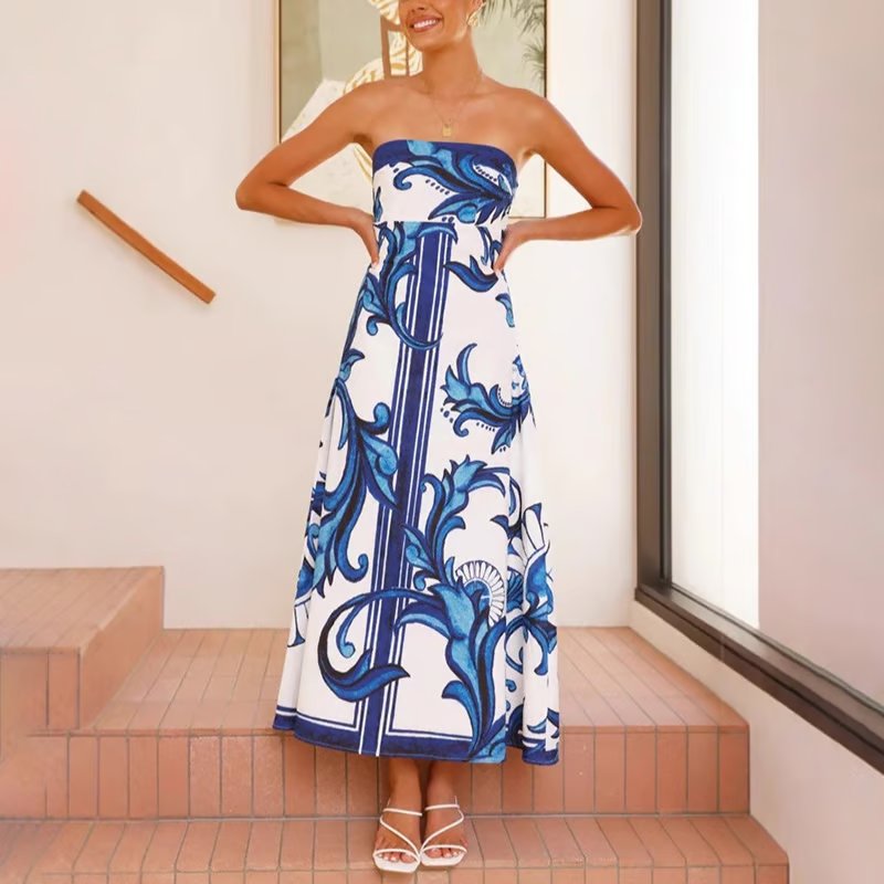 Hannah | Robe Maxi Vintage Imprimé Sans Bretelles