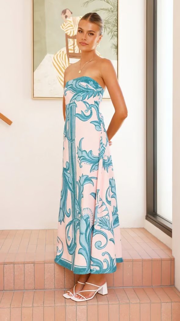 Hannah | Robe Maxi Vintage Imprimé Sans Bretelles