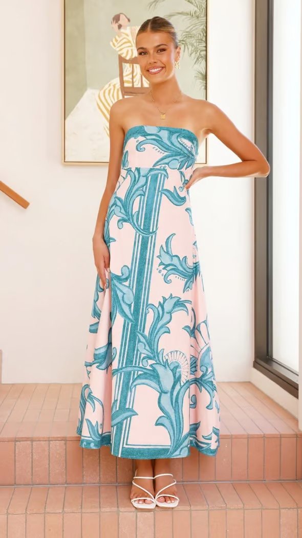 Hannah | Robe Maxi Vintage Imprimé Sans Bretelles
