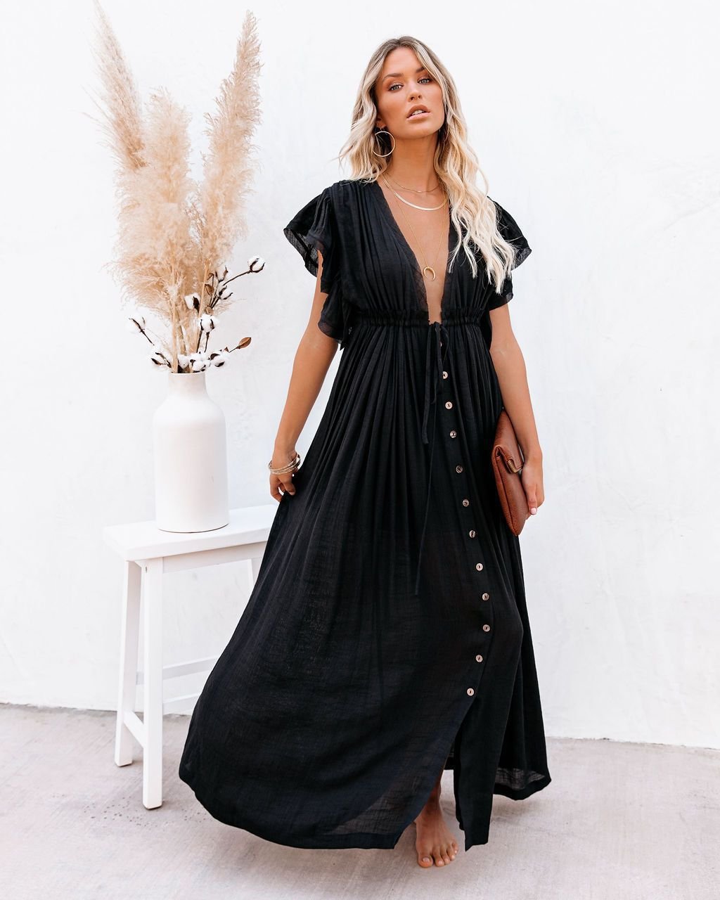 Hannah | Robe maxi fluide à encolure en V et patte de boutonnage pour femmes
