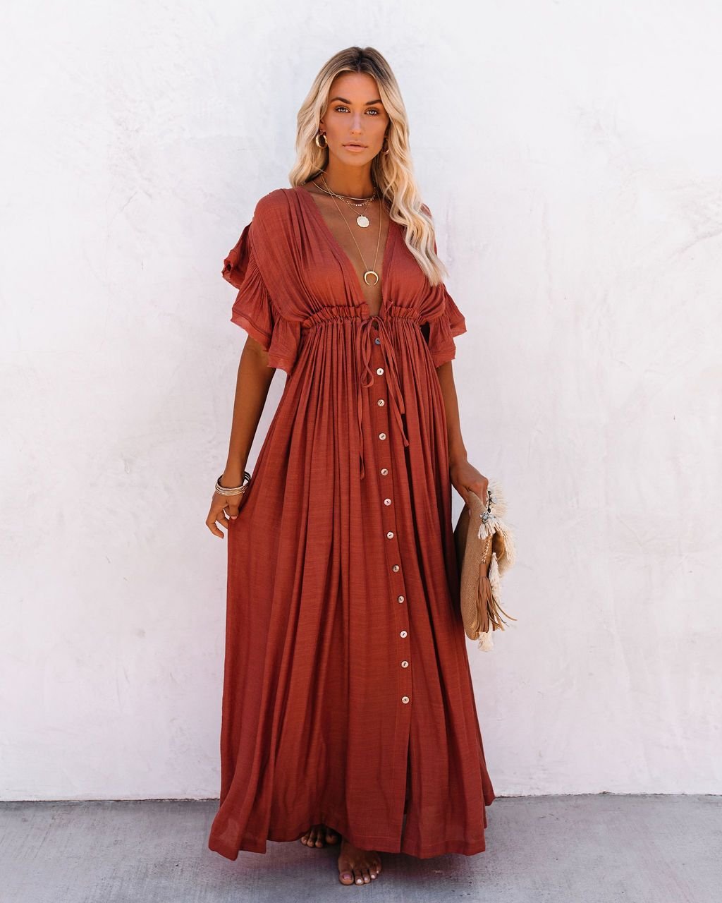 Hannah | Robe maxi fluide à encolure en V et patte de boutonnage pour femmes