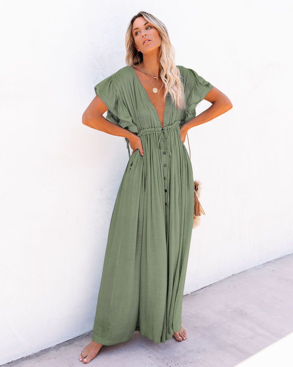 Hannah | Robe maxi fluide à encolure en V et patte de boutonnage pour femmes