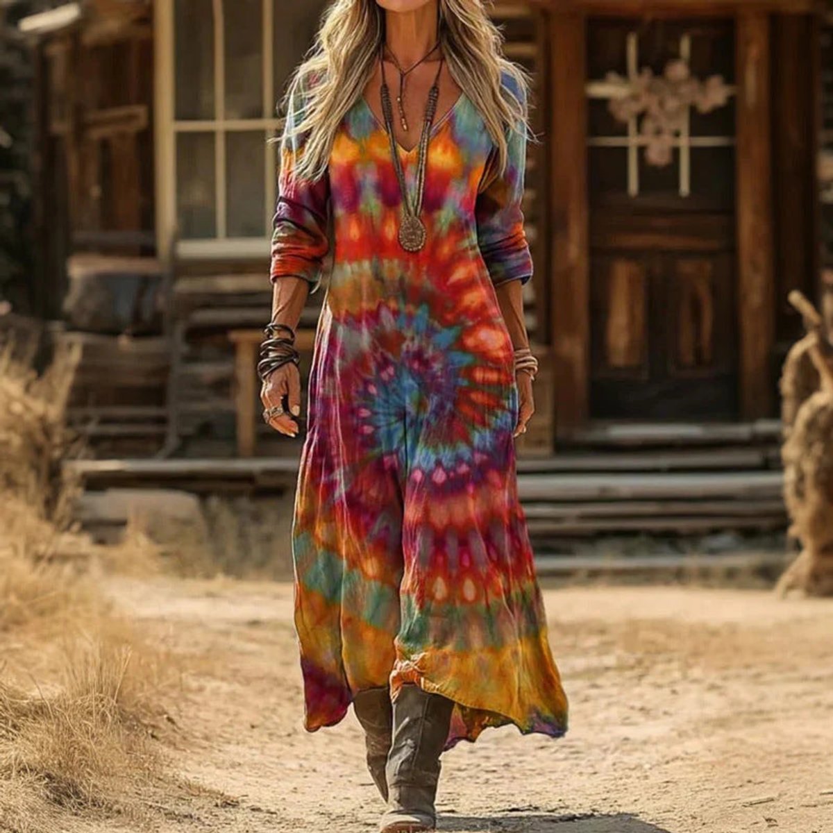 Elfriede | Robe longue à manches longues pour femmes avec imprimé vintage et décolleté en V, coupe fluide