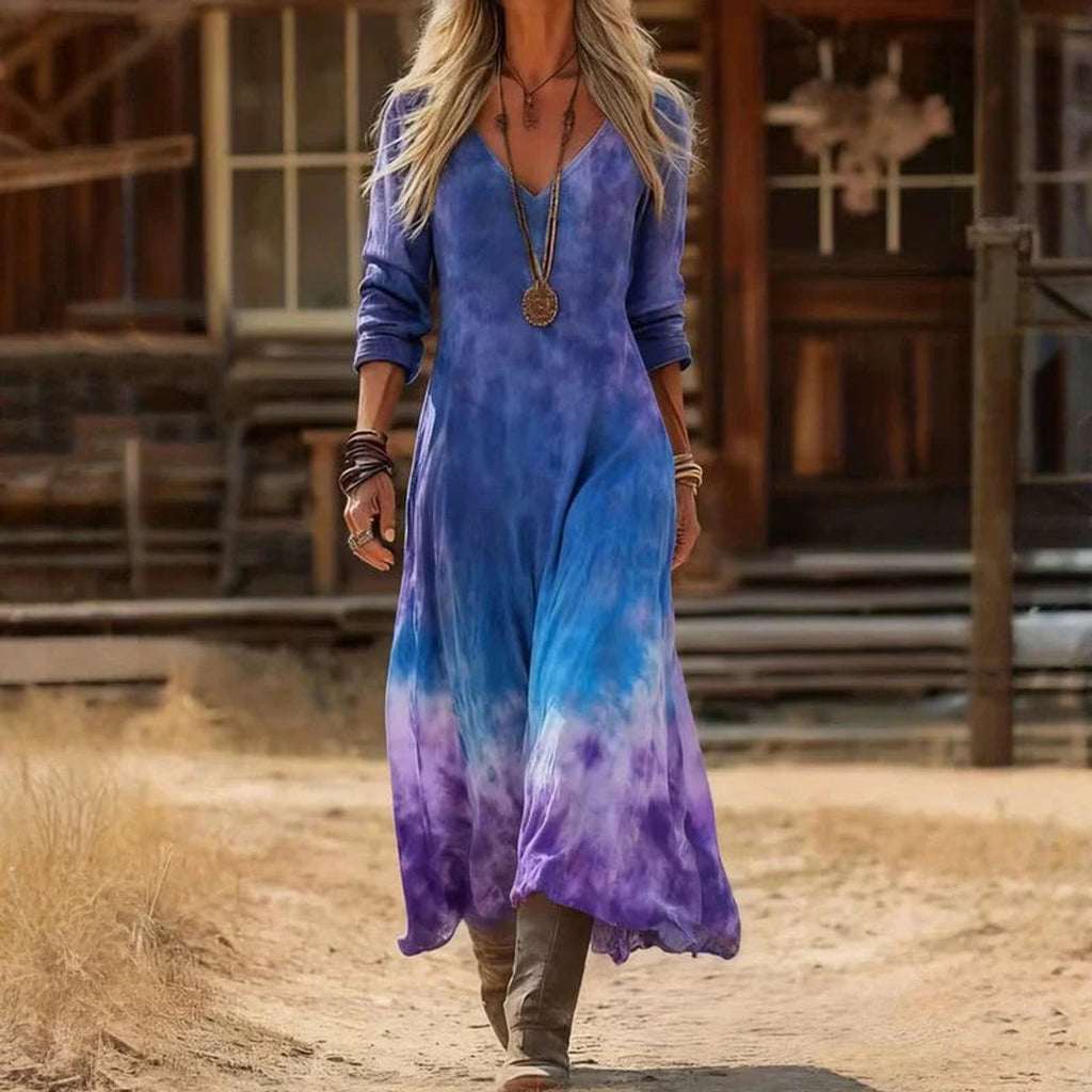Elfriede | Robe longue à manches longues pour femmes avec imprimé vintage et décolleté en V, coupe fluide