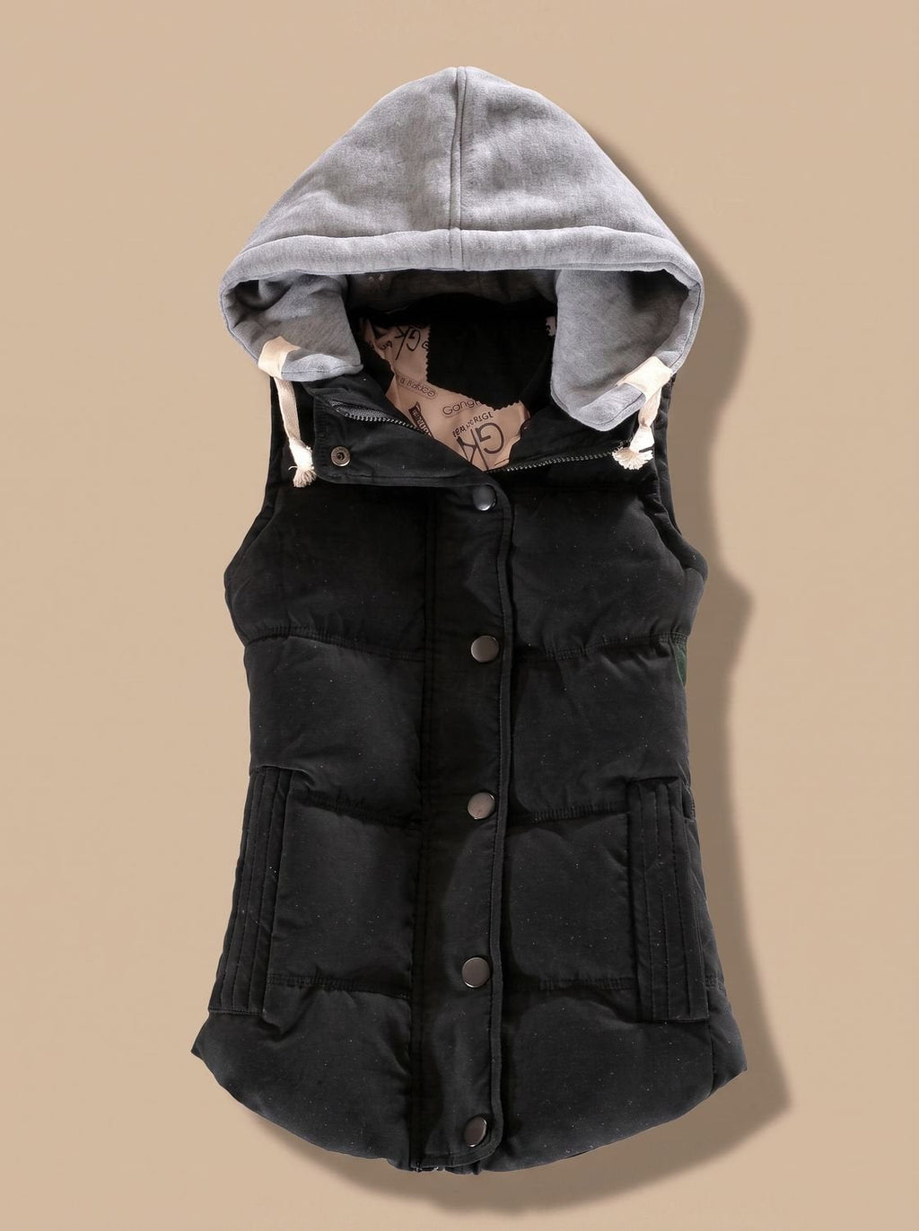 Charlotte | Gilet matelassé pour femmes avec capuche contrastante et fermeture à boutons-pression