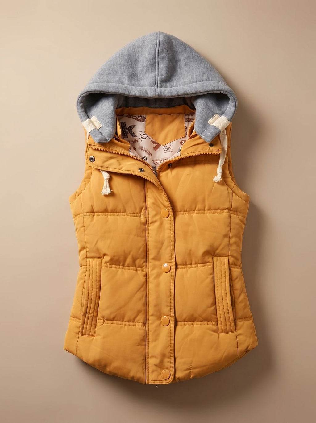 Charlotte | Gilet matelassé pour femmes avec capuche contrastante et patte de boutonnage à pressions