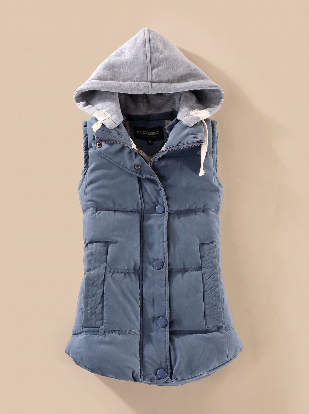 Charlotte | Gilet matelassé pour femmes avec capuche contrastante et patte de boutonnage à pressions