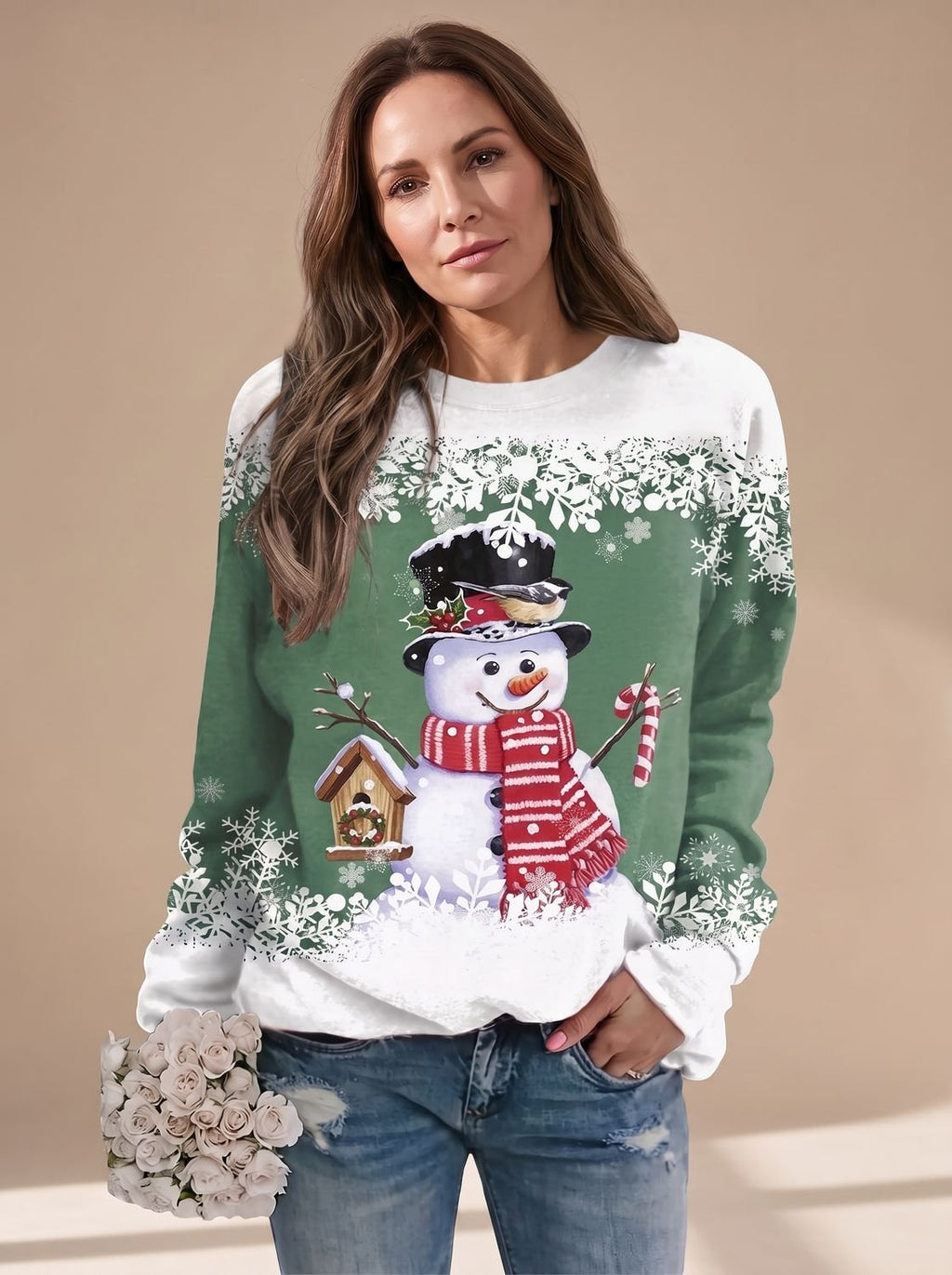 Charlotte | Pull de Noël pour femmes avec motif bonhomme de neige, col rond, manches longues