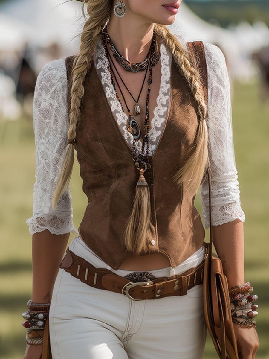 Charlotte | Blouse en dentelle western pour femmes à manches longues cintrée décolleté en V