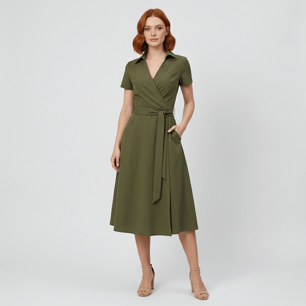 Sophie | Robe midi portefeuille pour femmes avec décolleté en V, ceinture à la taille et poches latérales
