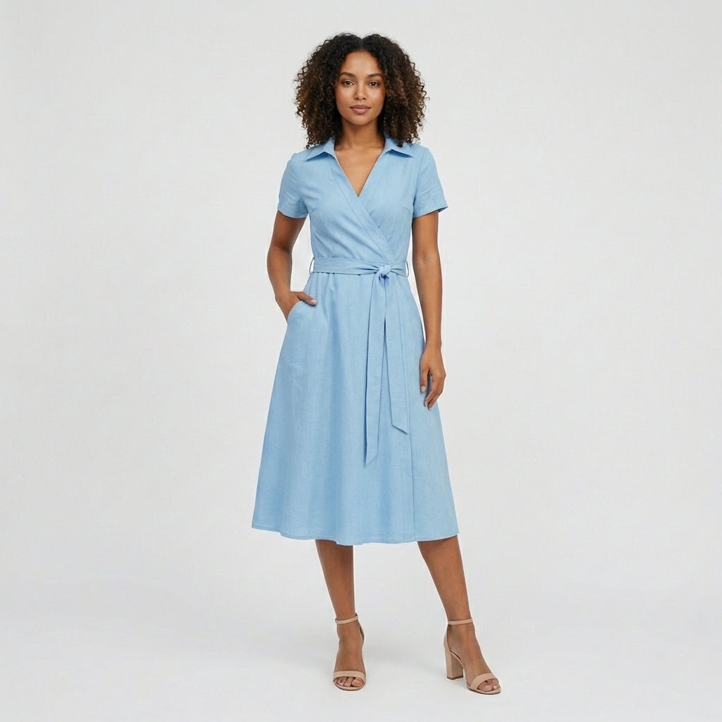 Sophie | Robe midi portefeuille pour femmes avec décolleté en V, ceinture à la taille et poches latérales