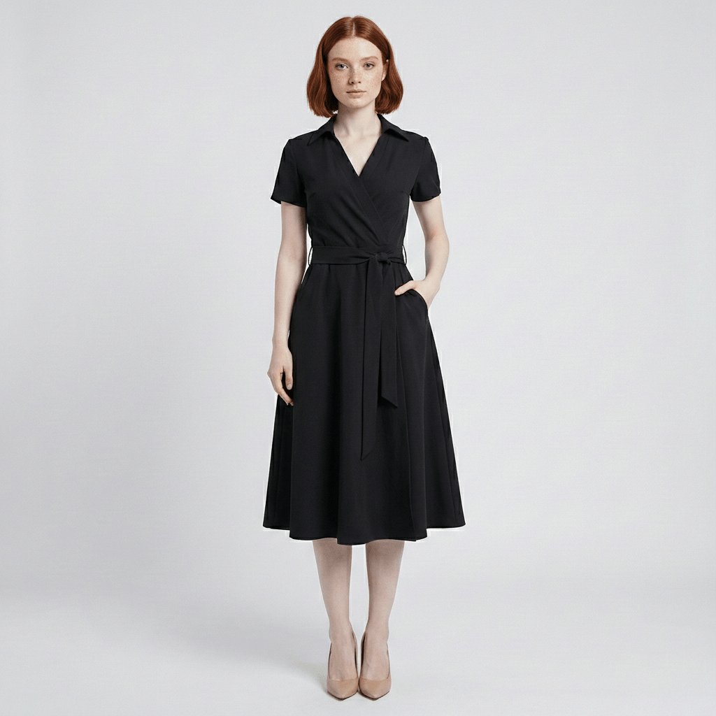 Sophie | Robe midi portefeuille pour femmes avec décolleté en V, ceinture à la taille et poches latérales