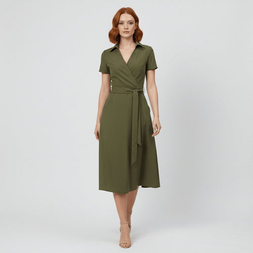 Sophie | Robe midi portefeuille pour femmes avec décolleté en V, ceinture à la taille et poches latérales
