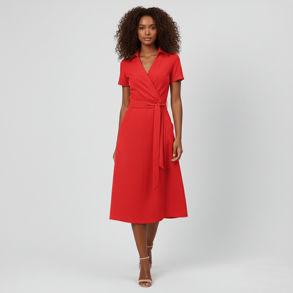 Sophie | Robe midi portefeuille pour femmes avec décolleté en V, ceinture à la taille et poches latérales