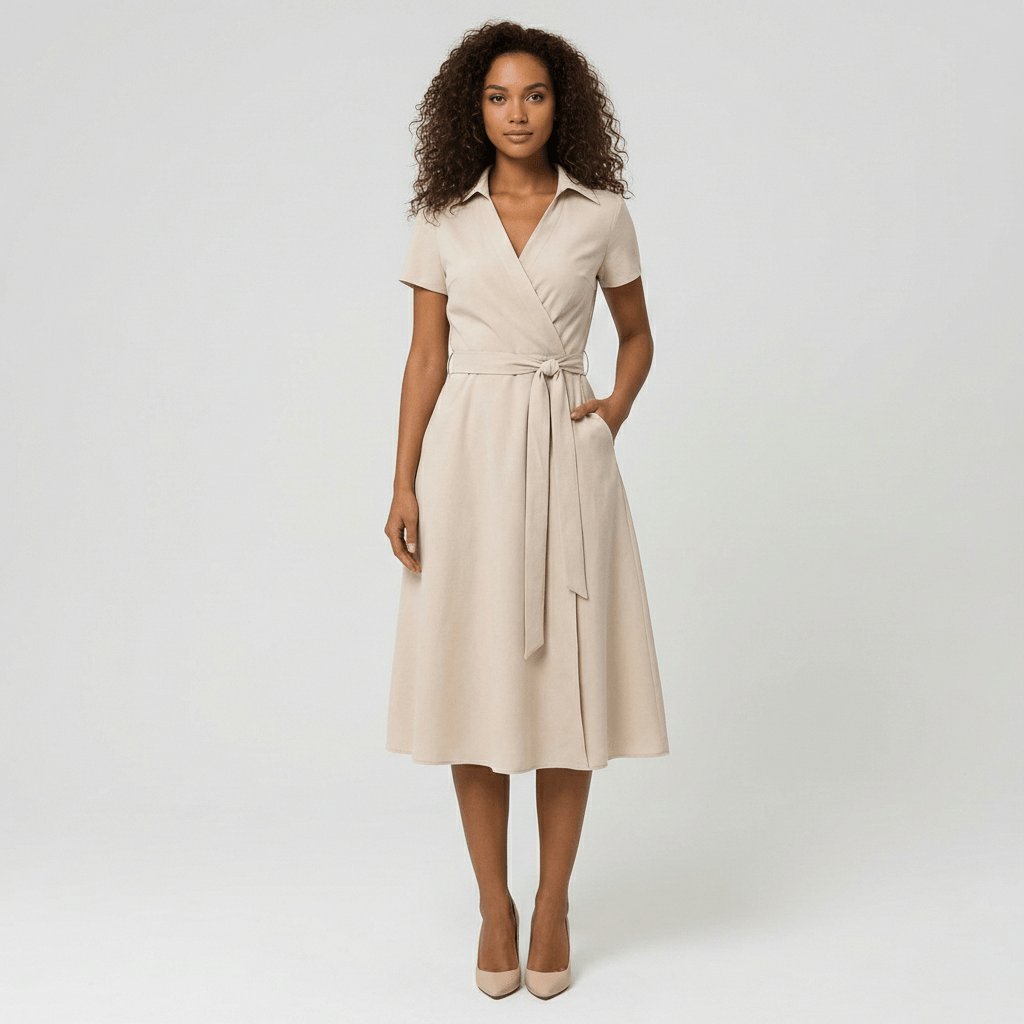 Sophie | Robe midi portefeuille pour femmes avec décolleté en V, ceinture à la taille et poches latérales