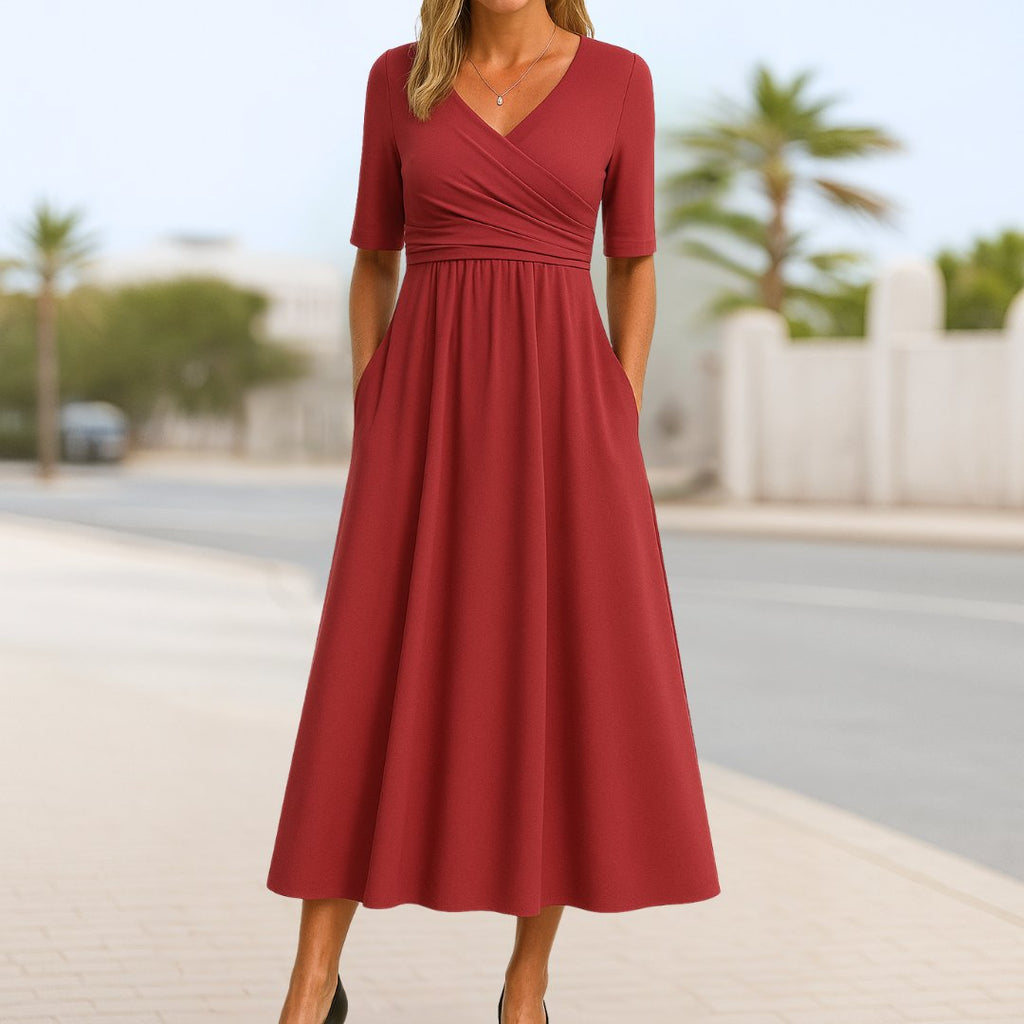 Katharina | Robe portefeuille A-ligne à manches courtes et décolleté en V