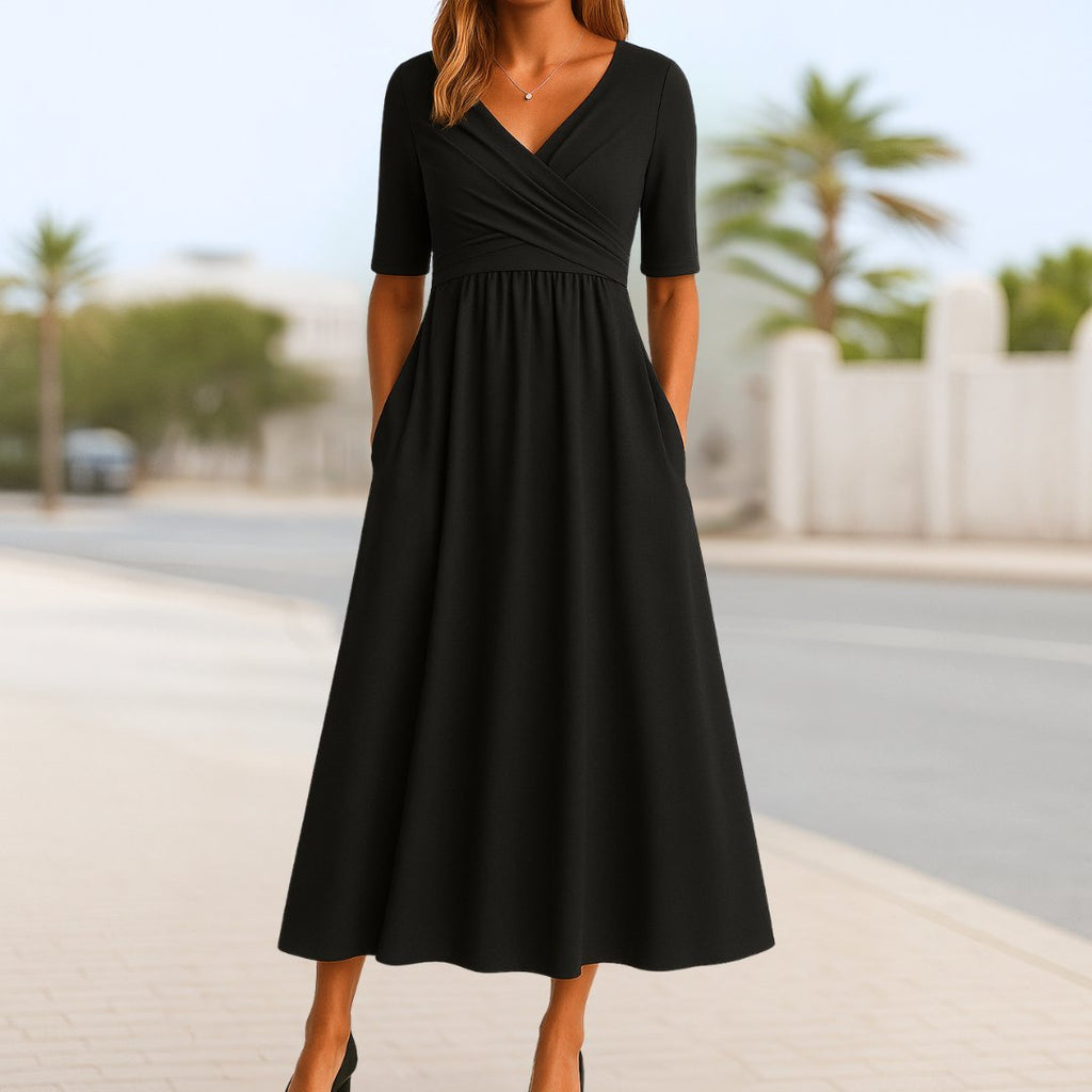 Katharina | Robe portefeuille A-ligne à manches courtes et décolleté en V