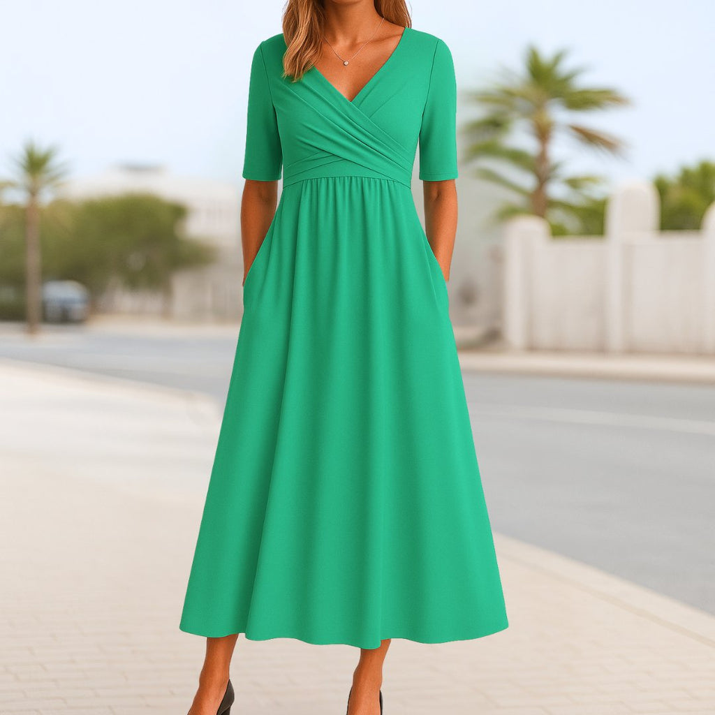 Katharina | Robe portefeuille A-ligne à manches courtes et décolleté en V