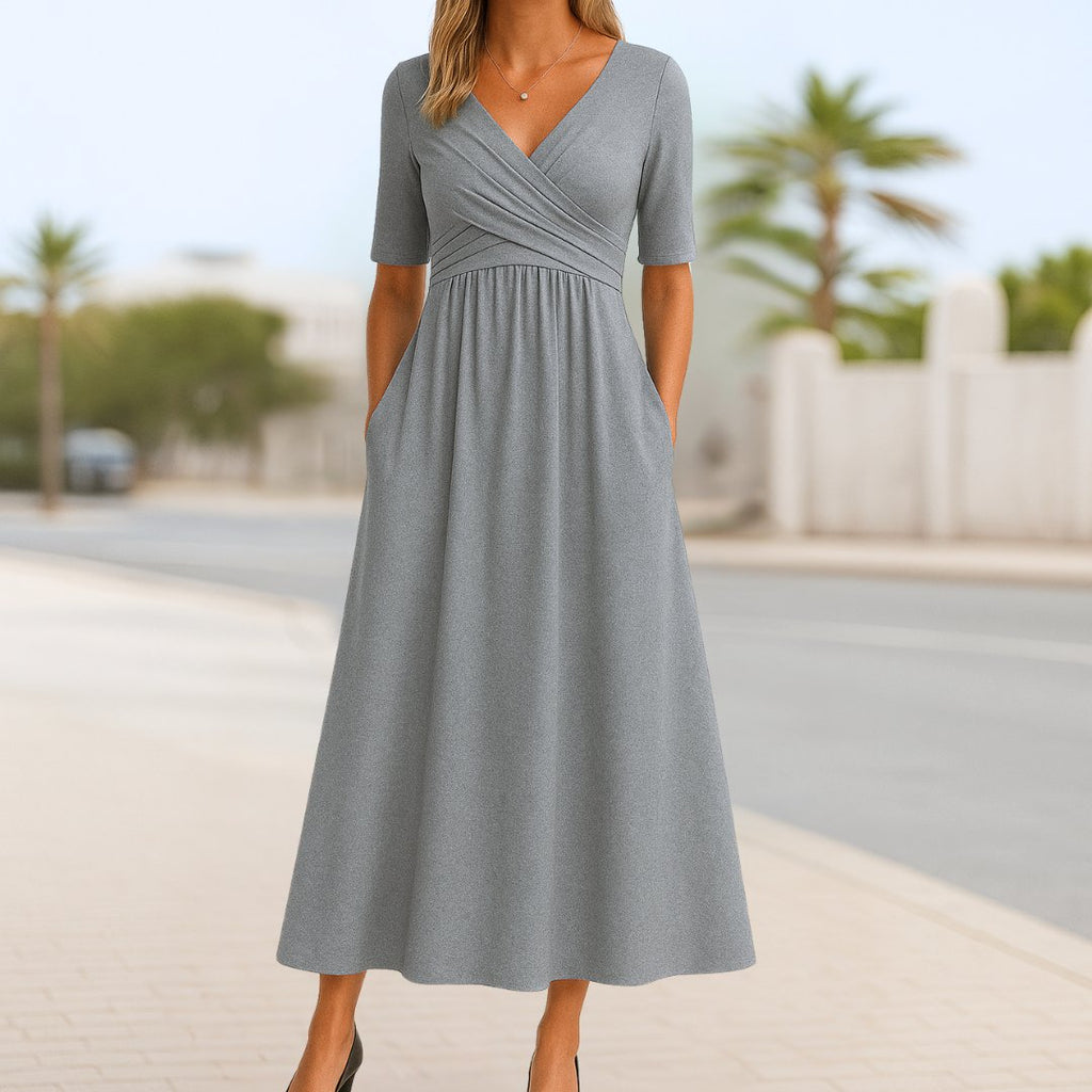 Katharina | Robe portefeuille A-ligne à manches courtes et décolleté en V