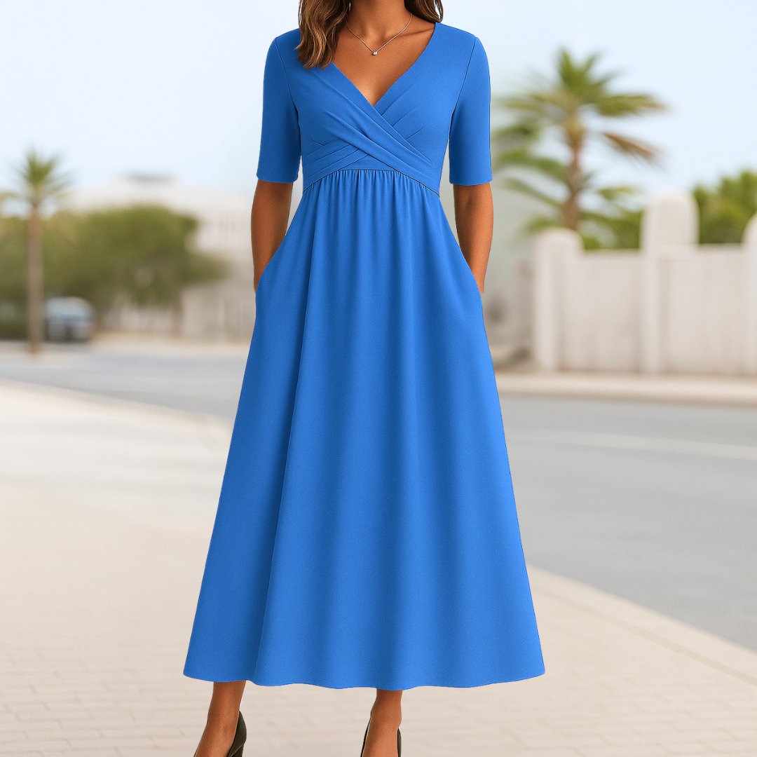 Katharina | Robe portefeuille A-ligne à manches courtes et décolleté en V
