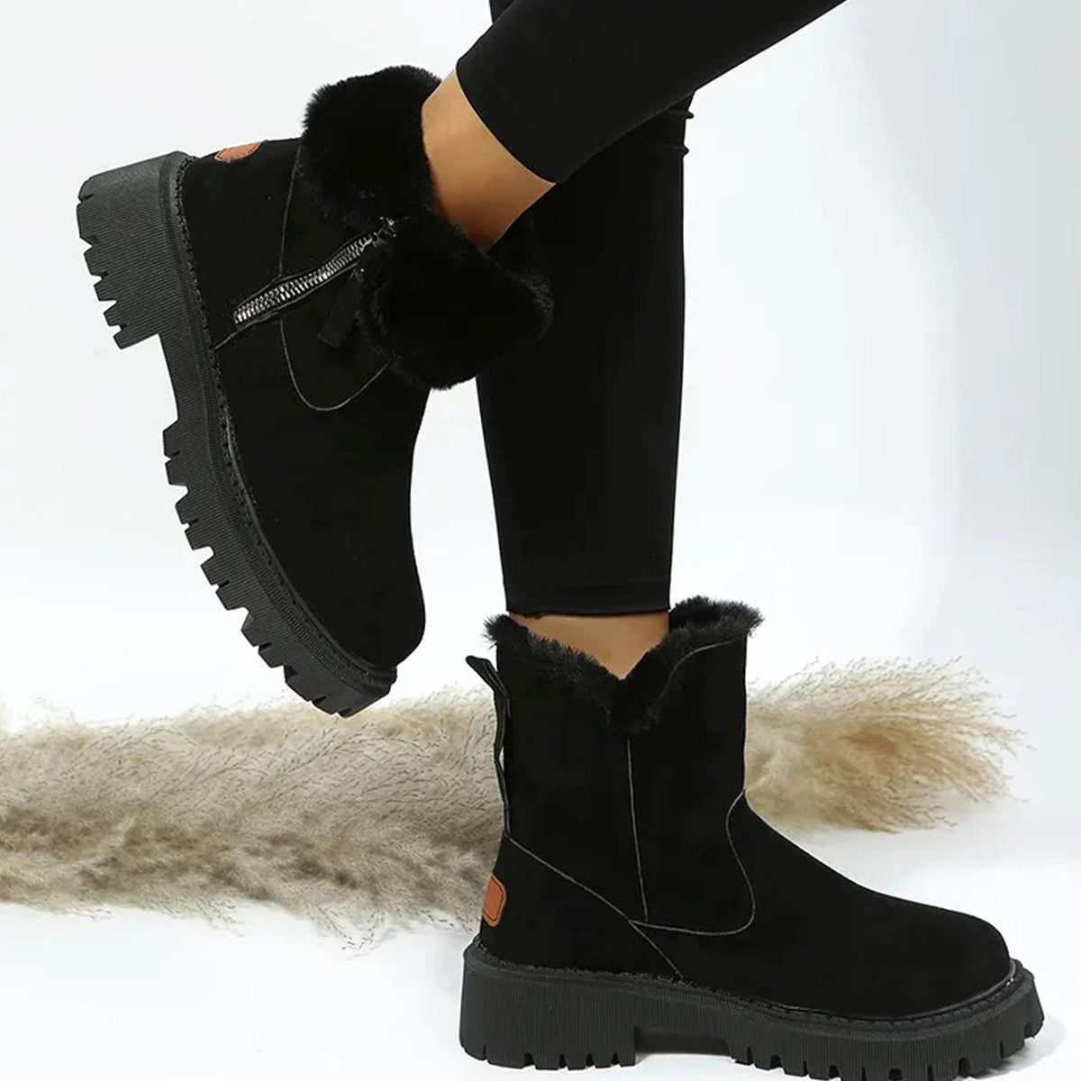 Leonie | Bottes d'hiver pour femmes avec col en fourrure, semelle compensée, fermeture éclair