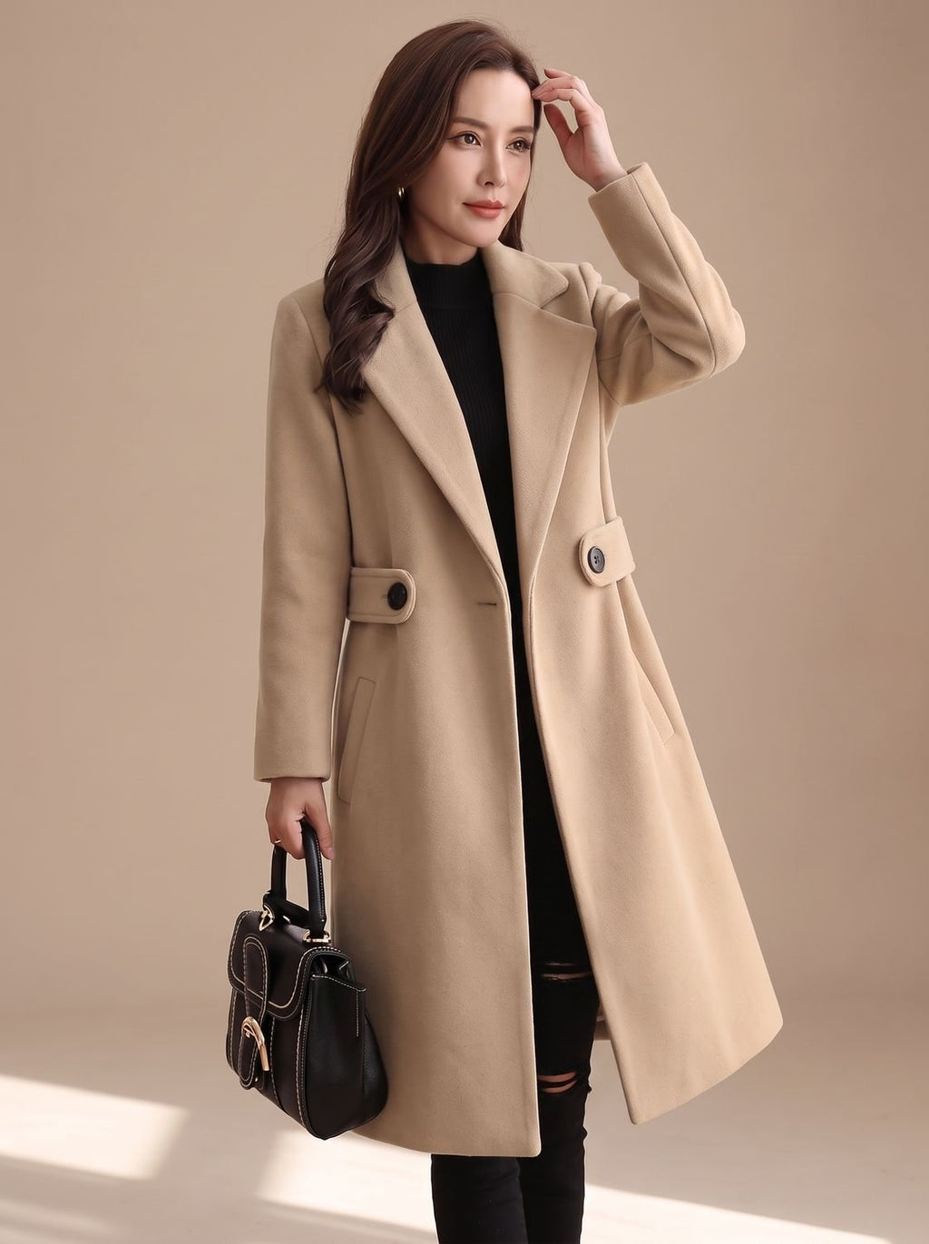 Lena | Manteau en Laine pour Femmes Long Trench Classique en Mélange avec Revers