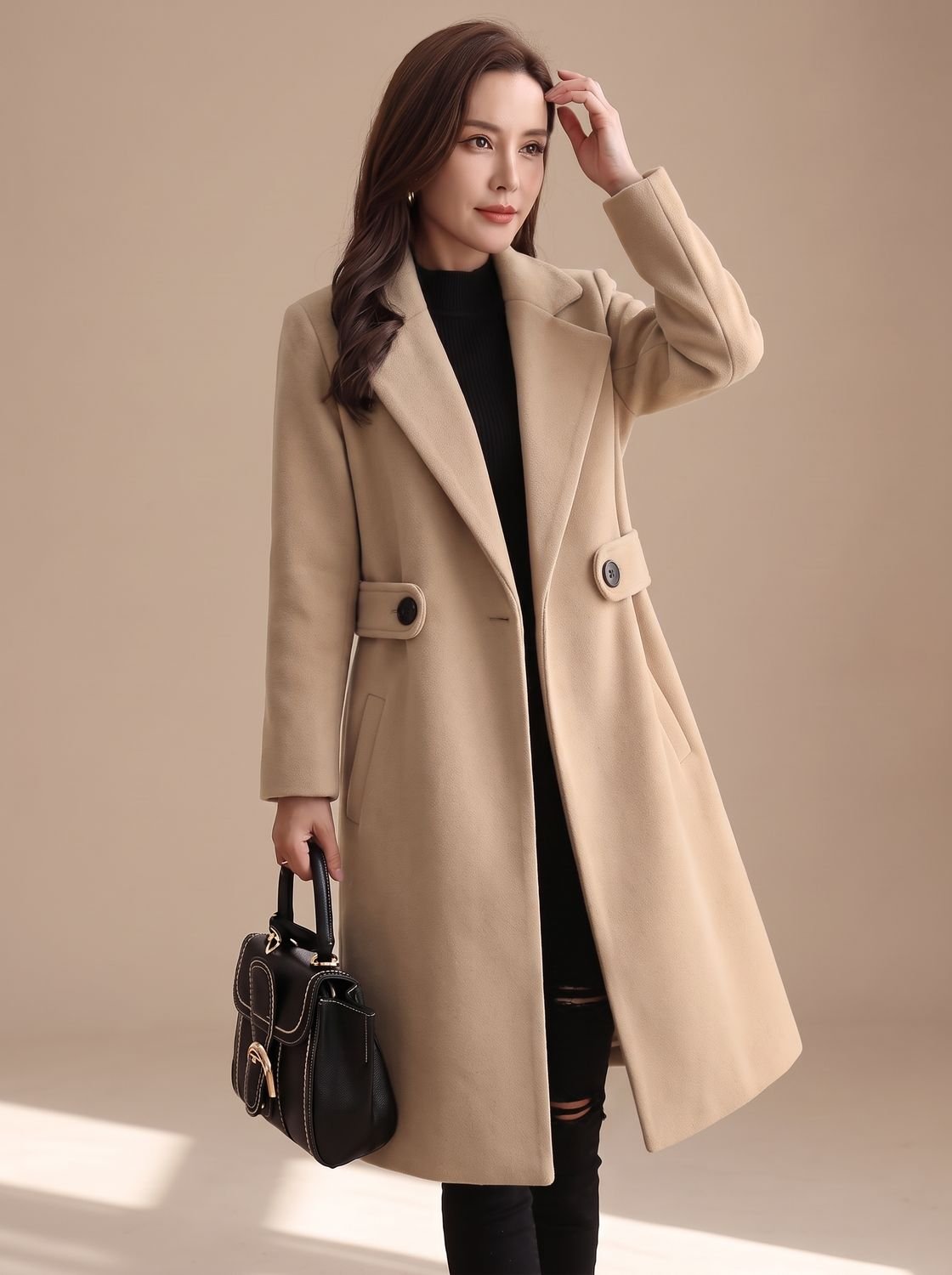 Lena | Manteau en Laine pour Femmes Long Trench Classique en Mélange avec Revers