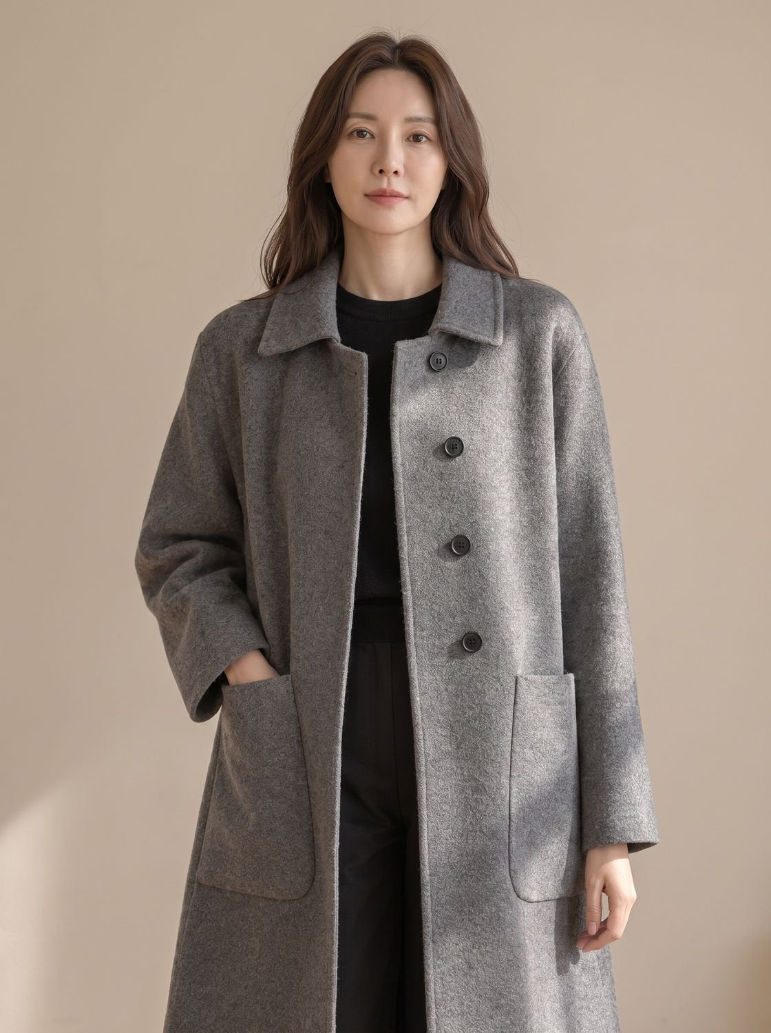 Hannah | Manteau en laine pour femmes Longline à boutonnage simple avec poches surdimensionnées