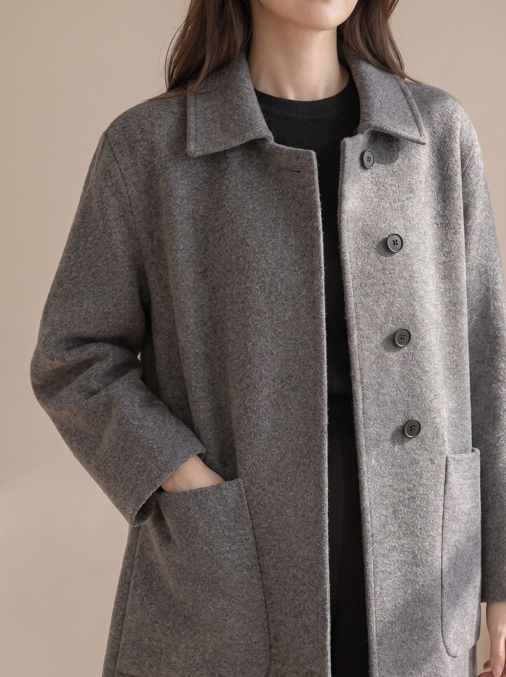 Hannah | Manteau en laine pour femmes Longline à boutonnage simple avec poches surdimensionnées