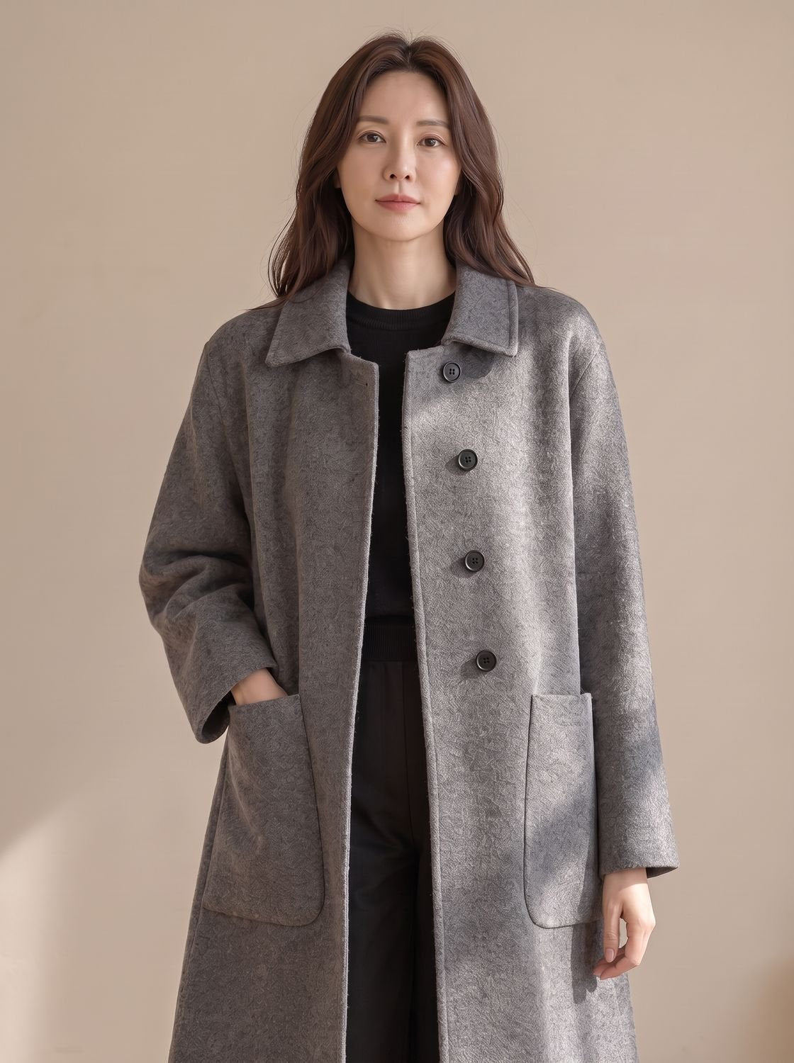 Hannah | Manteau en laine pour femmes Longline à boutonnage simple avec poches surdimensionnées