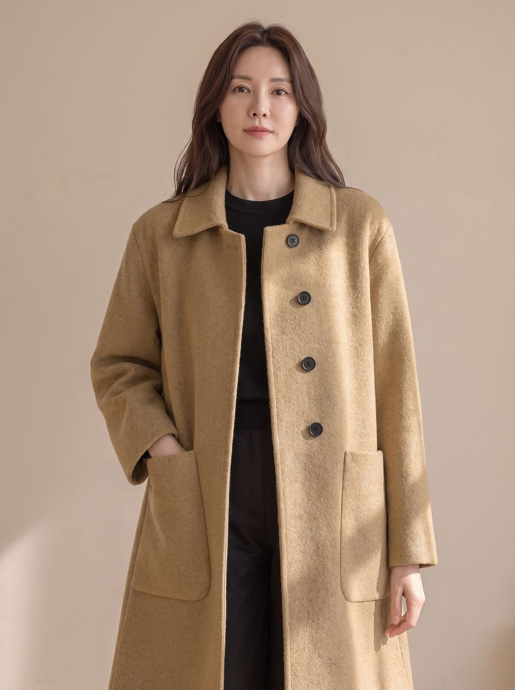Hannah | Manteau en laine pour femmes Longline à boutonnage simple avec poches surdimensionnées