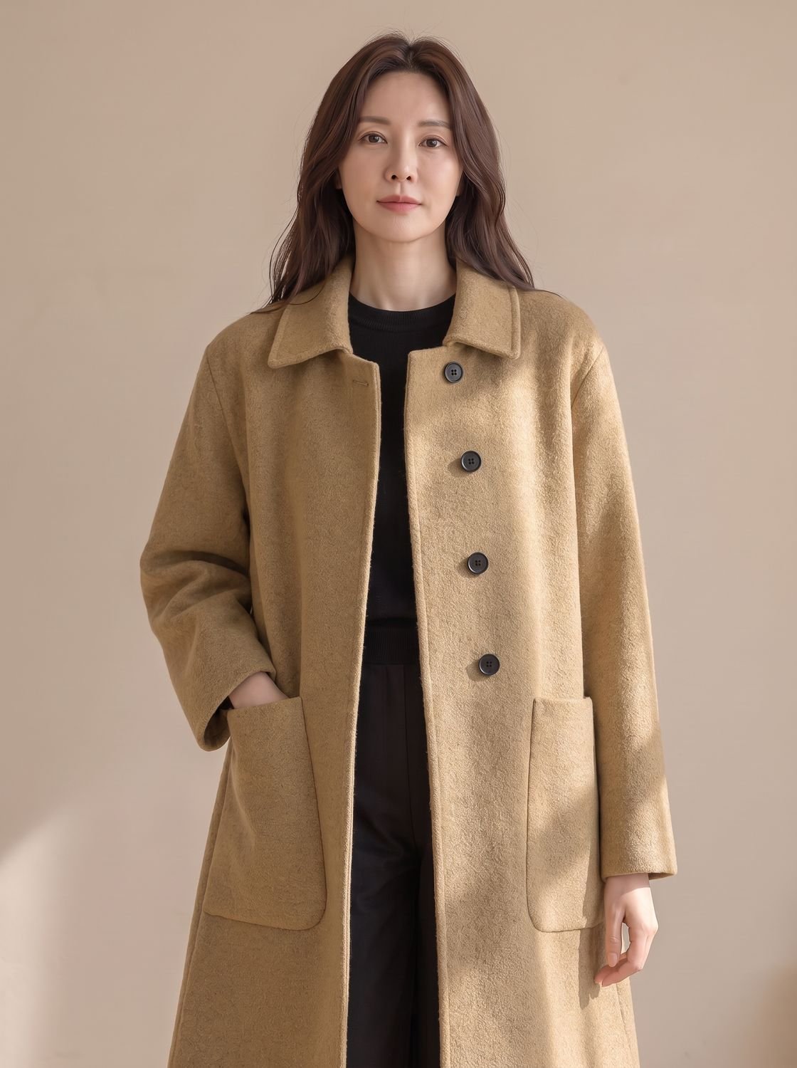 Hannah | Manteau en laine pour femmes Longline à boutonnage simple avec poches surdimensionnées