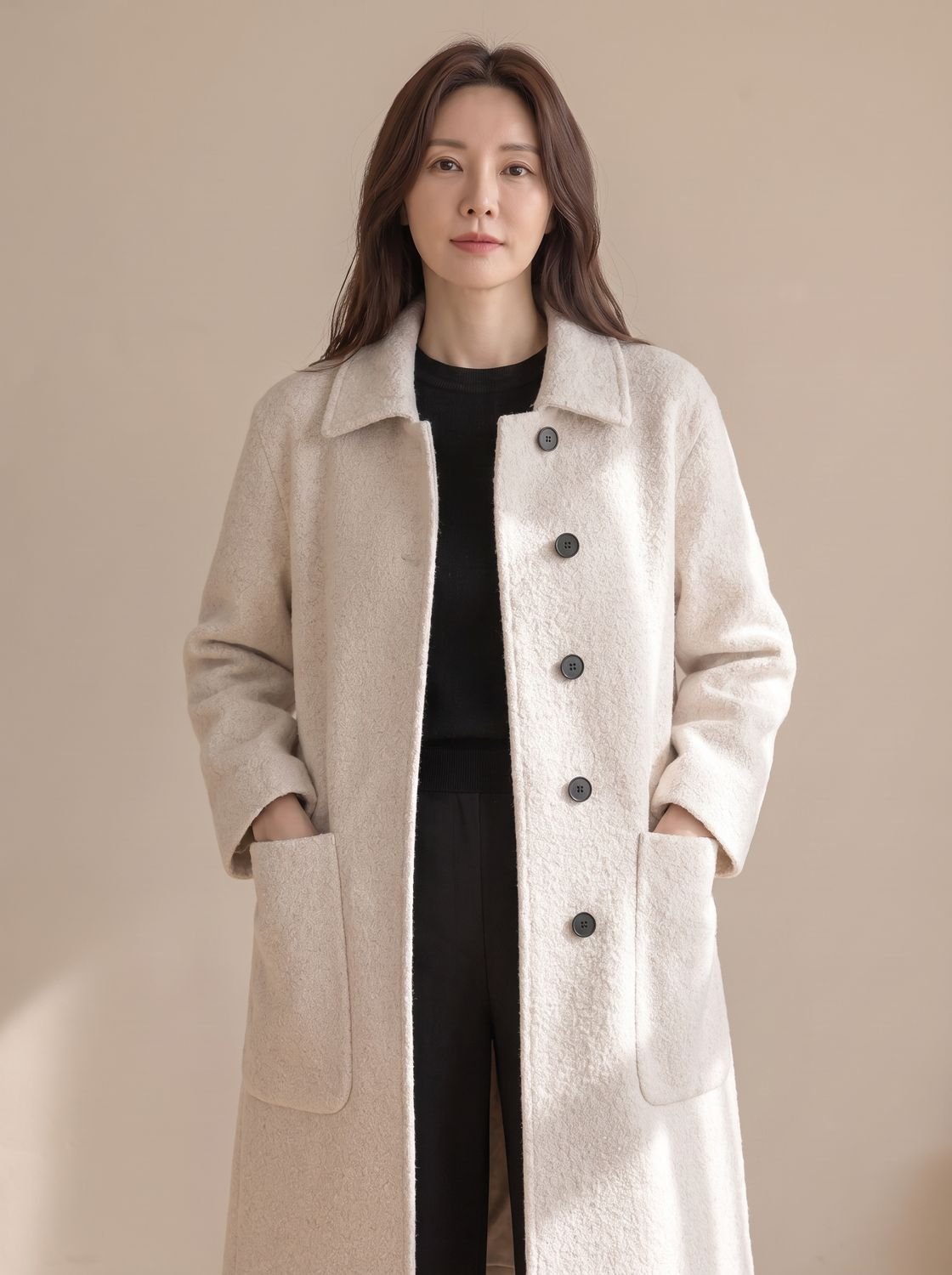 Hannah | Manteau en laine pour femmes Longline à boutonnage simple avec poches surdimensionnées