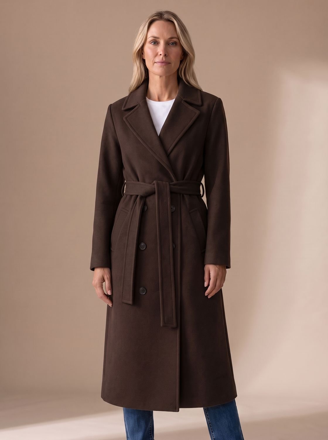 Nora | Manteau en laine pour femmes avec ceinture à nouer, col à revers et patte de boutonnage