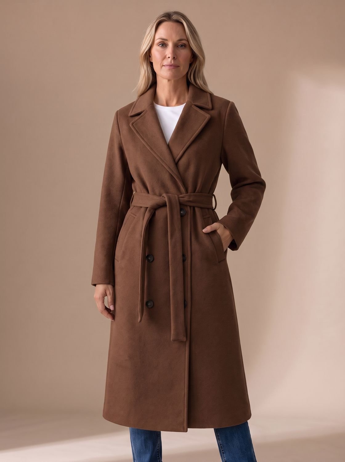 Nora | Manteau en laine pour femmes avec ceinture à nouer, col à revers et patte de boutonnage