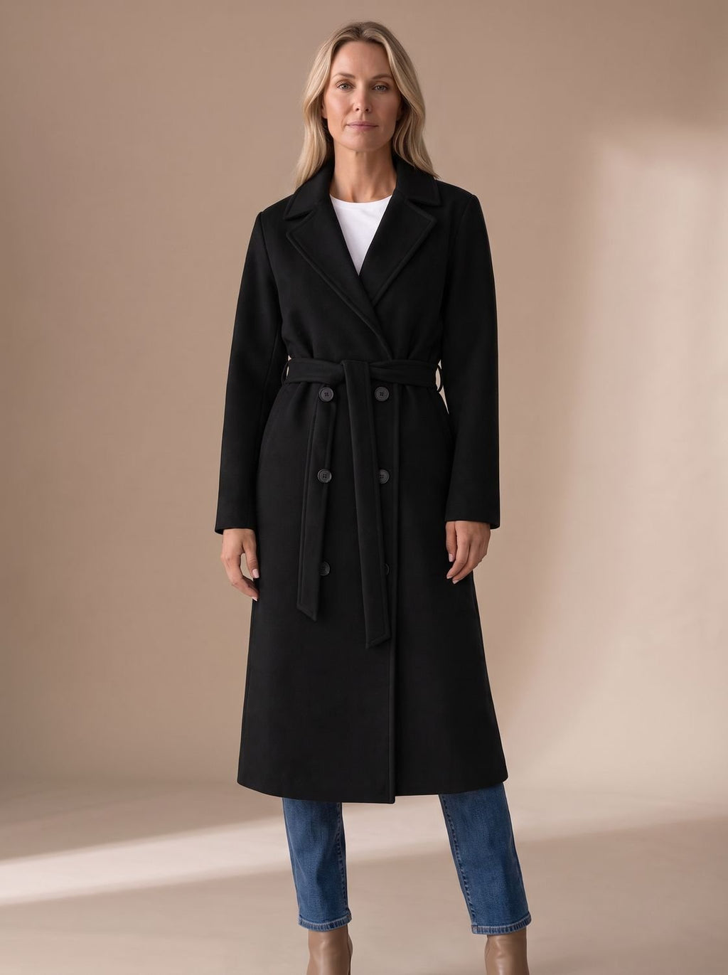 Nora | Manteau en laine pour femmes avec ceinture à nouer, col à revers et patte de boutonnage