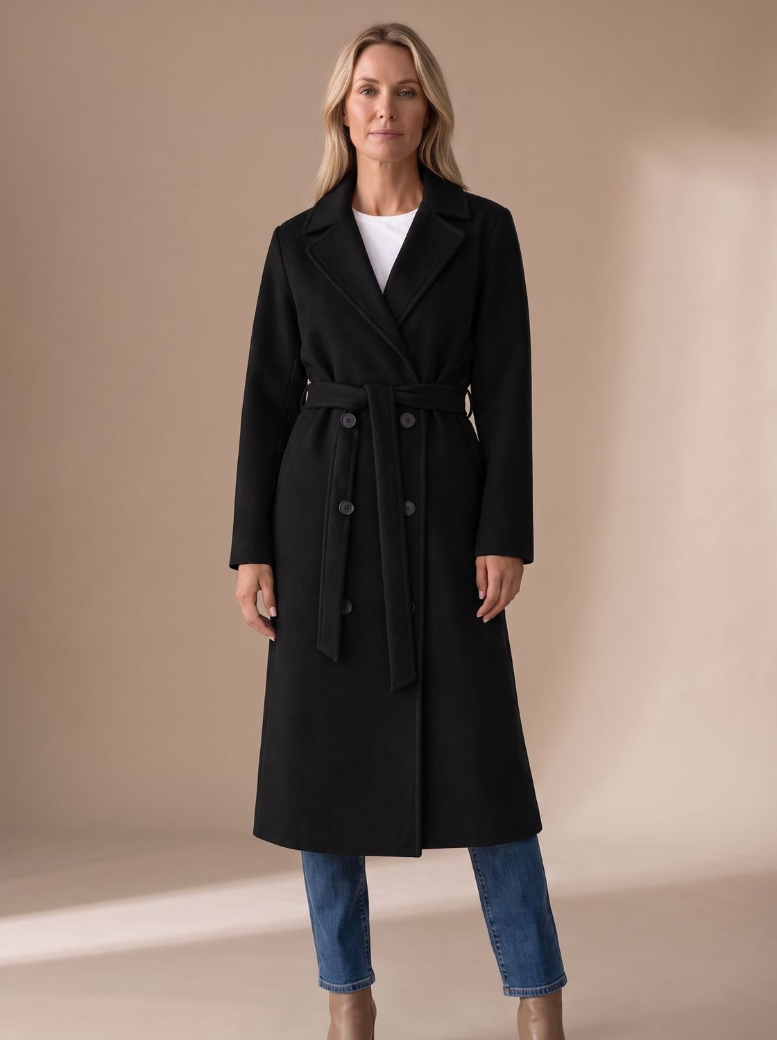 Nora | Manteau en laine pour femmes avec ceinture à nouer, col à revers et patte de boutonnage