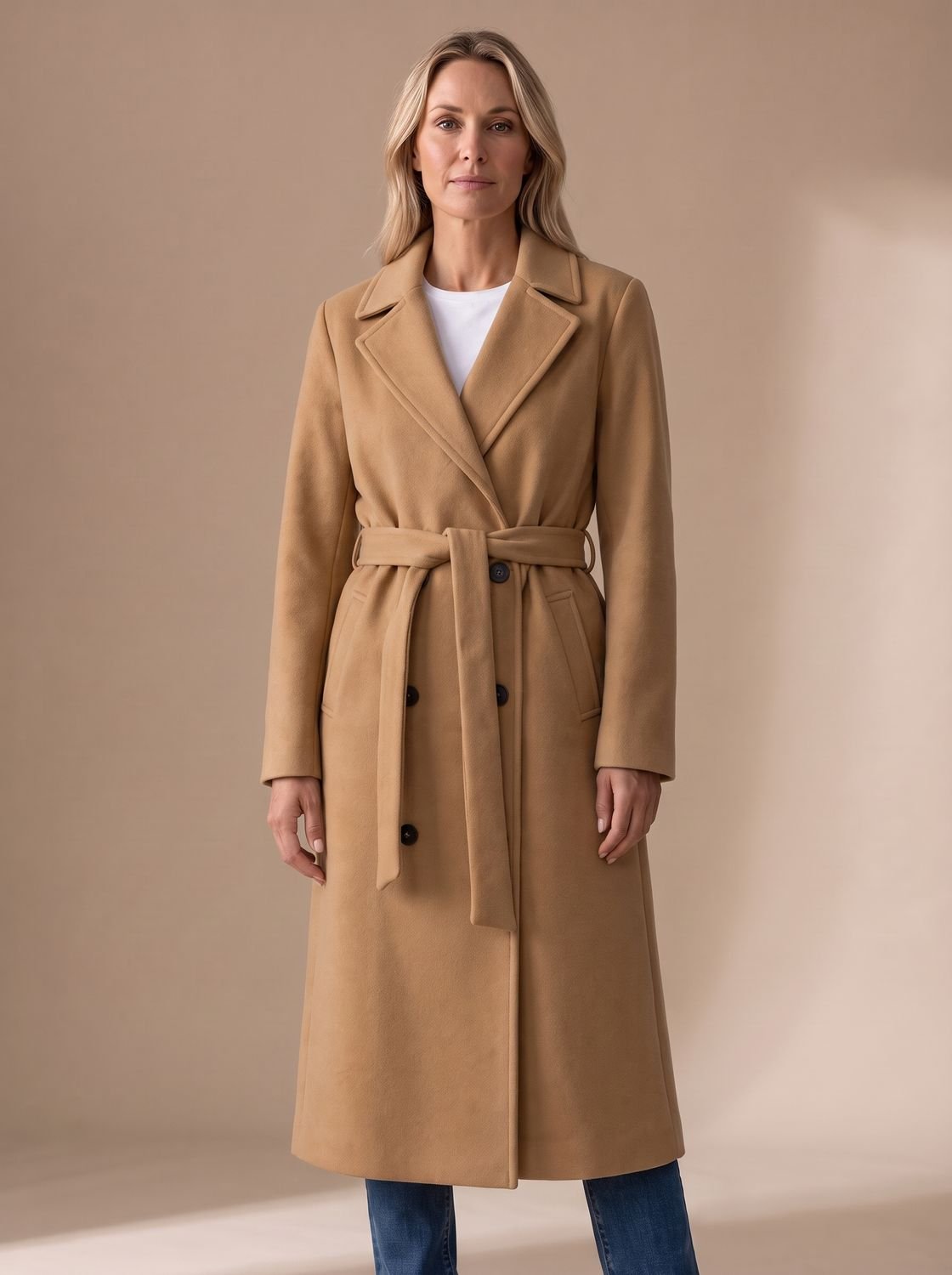 Nora | Manteau en laine pour femmes avec ceinture à nouer, col à revers et patte de boutonnage