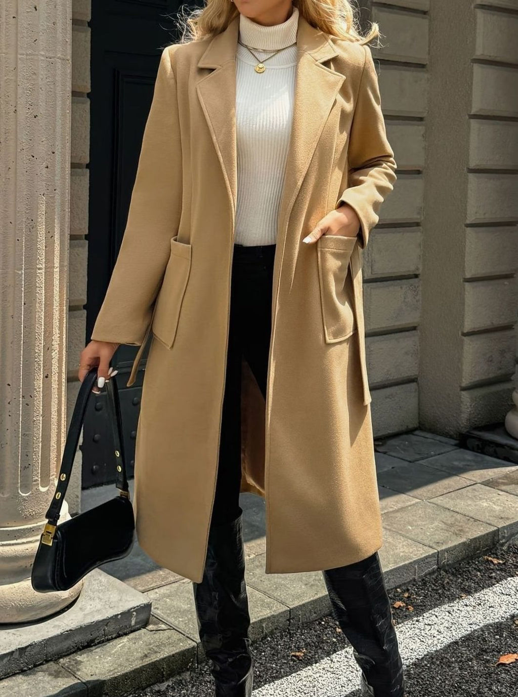 Mia | Manteau en laine pour femmes avec ceinture à nouer Trench-coat longline ajusté