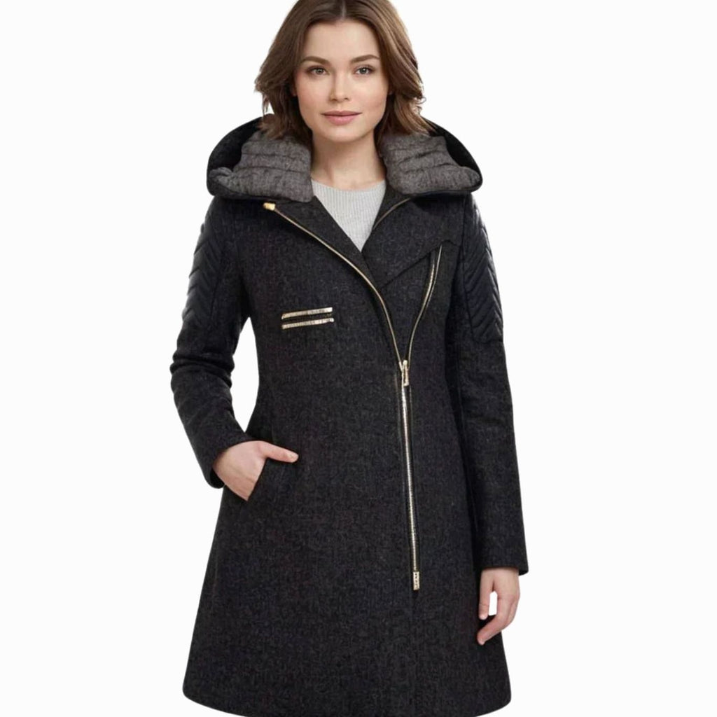 Johanna | Manteau en laine pour femmes avec capuche, fermeture éclair asymétrique, coupe A