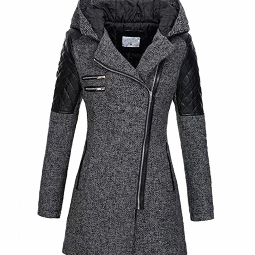 Johanna | Manteau en laine pour femmes avec capuche, fermeture éclair asymétrique, coupe A