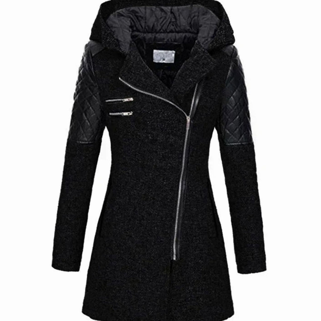 Johanna | Manteau en laine pour femmes avec capuche, fermeture éclair asymétrique, coupe A
