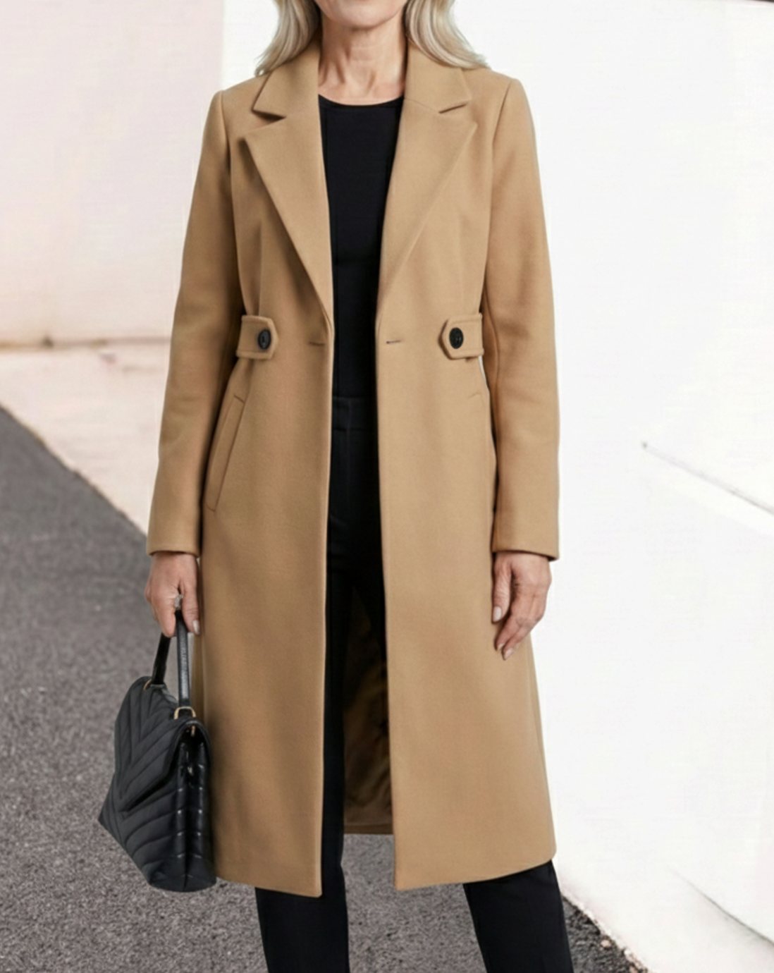Hannah | Manteau en laine pour femmes avec col à revers et poches à rabat, coupe longue