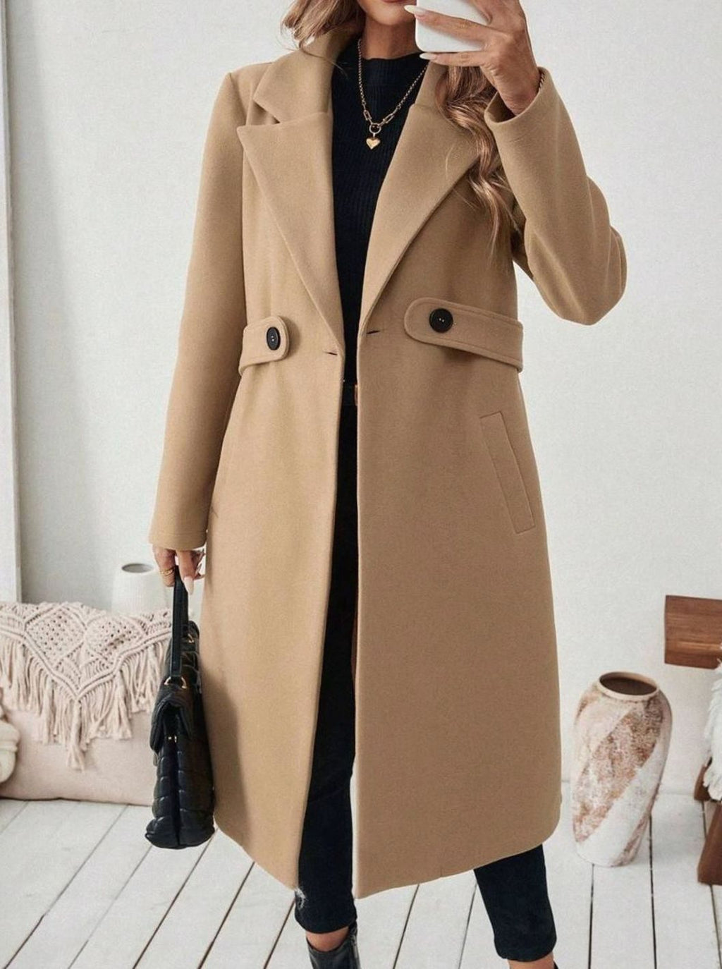 Hannah | Manteau en laine pour femmes avec col à revers et poches à rabat, coupe longue