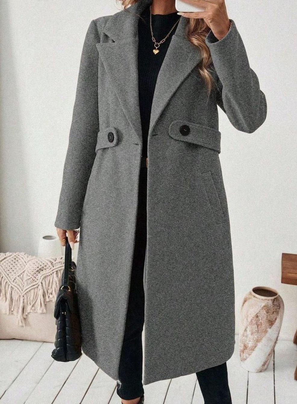Hannah | Manteau en laine pour femmes avec col à revers et poches à rabat, coupe longue