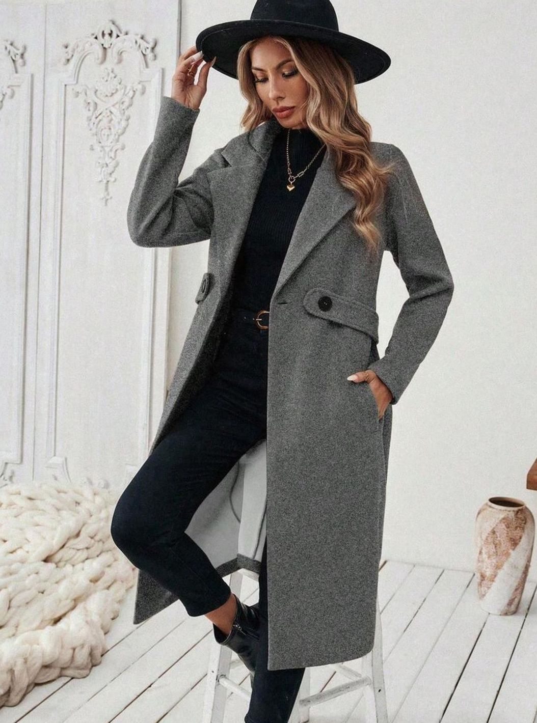 Hannah | Manteau en laine pour femmes avec col à revers et poches à rabat, coupe longue