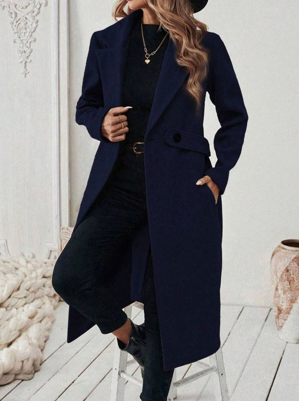 Hannah | Manteau en laine pour femmes avec col à revers et poches à rabat, coupe longue