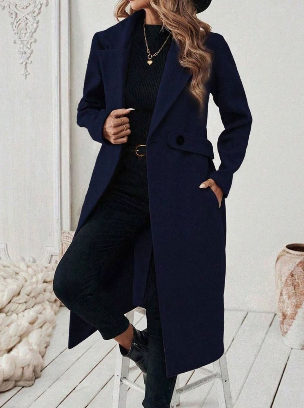 Hannah | Manteau en laine pour femmes avec col à revers et poches à rabat, coupe longue